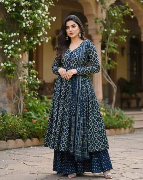 Blue Printed Anarkali Kurta Set