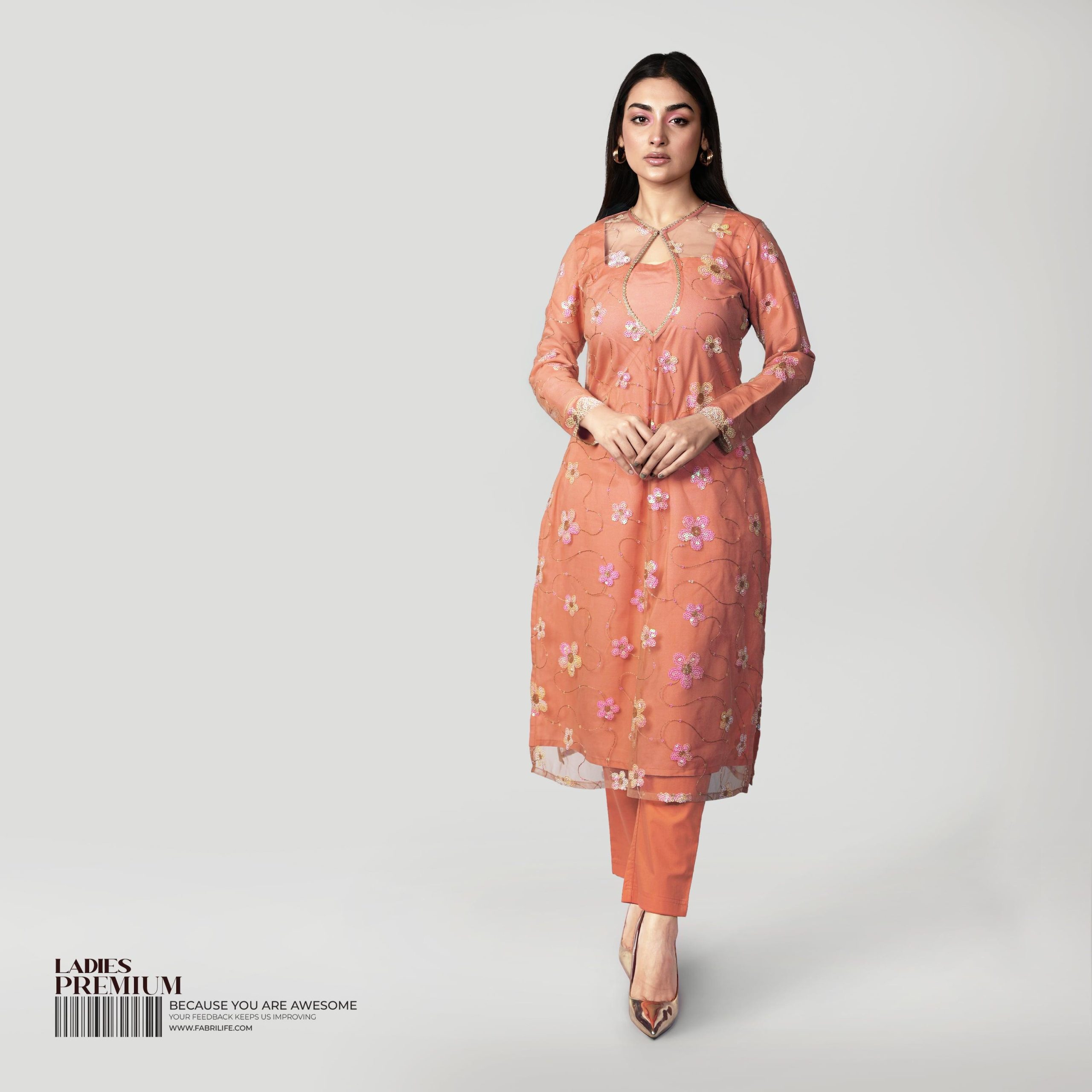Peach Blossom Embroidered Kurta Set