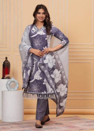 Grey Bloom Printed Kurta Set with Dupatta